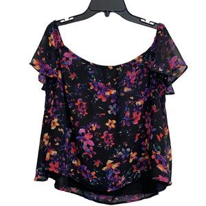 DECREE Large Black Pink Purple Floral Off Shoulder Flowy Crop Top Blouse